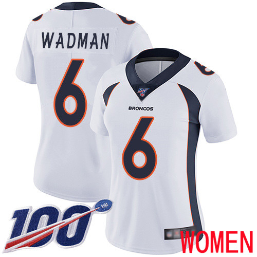 Women Denver Broncos 6 Colby Wadman White Vapor Untouchable Limited Player 100th Season Football NFL Jersey